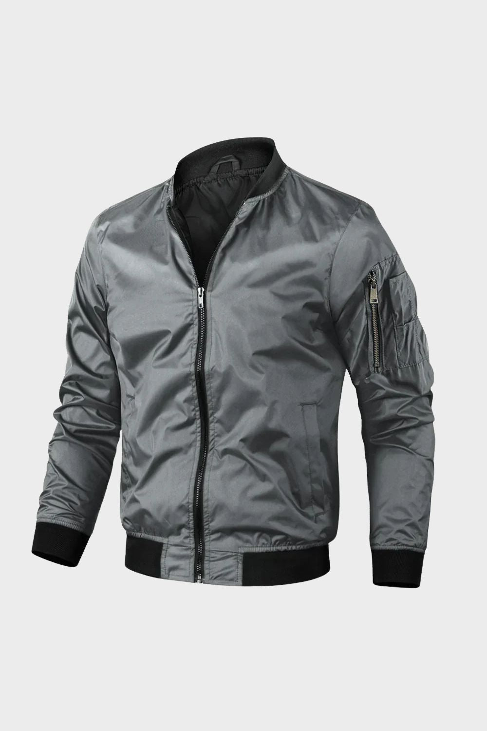 Men's Bomber Jacket with Zip and Stand-Up Collar