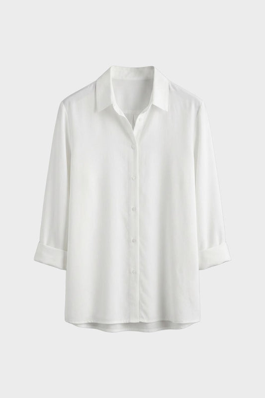 Women's White Long Sleeve Blouse with Collar and Button Placket