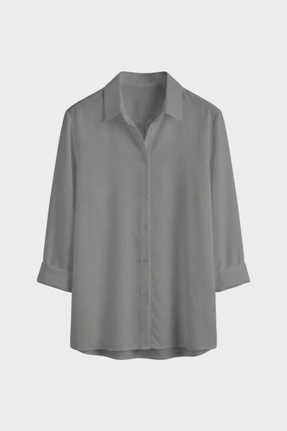 Women's White Long Sleeve Blouse with Collar and Button Placket
