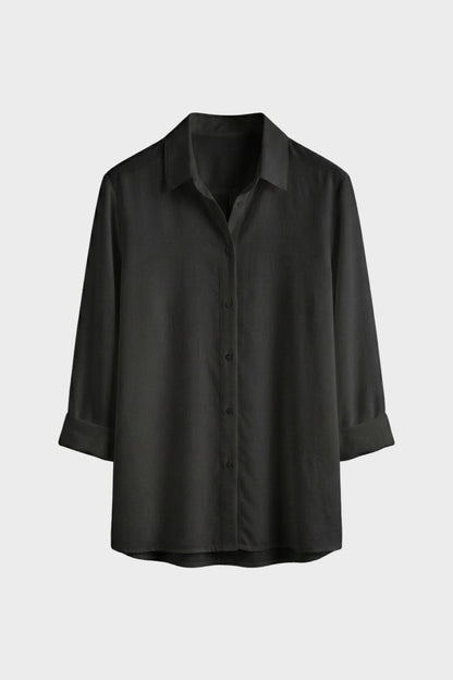 Women's White Long Sleeve Blouse with Collar and Button Placket
