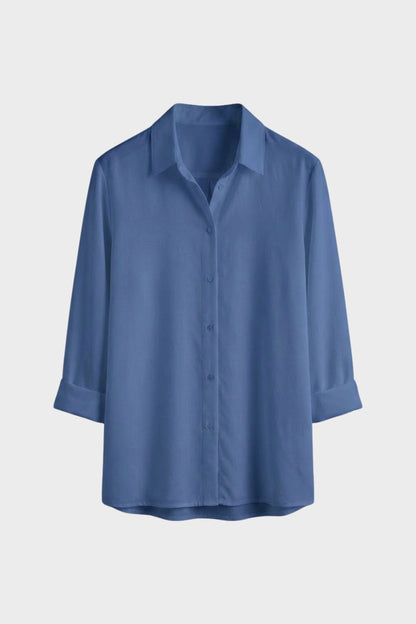 Women's White Long Sleeve Blouse with Collar and Button Placket