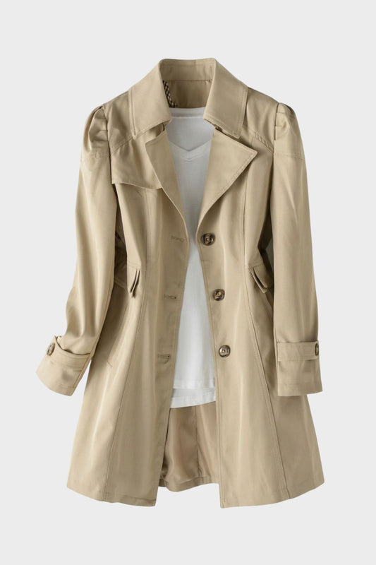 Women's Trench Coat with Notched Collar and Button Placket