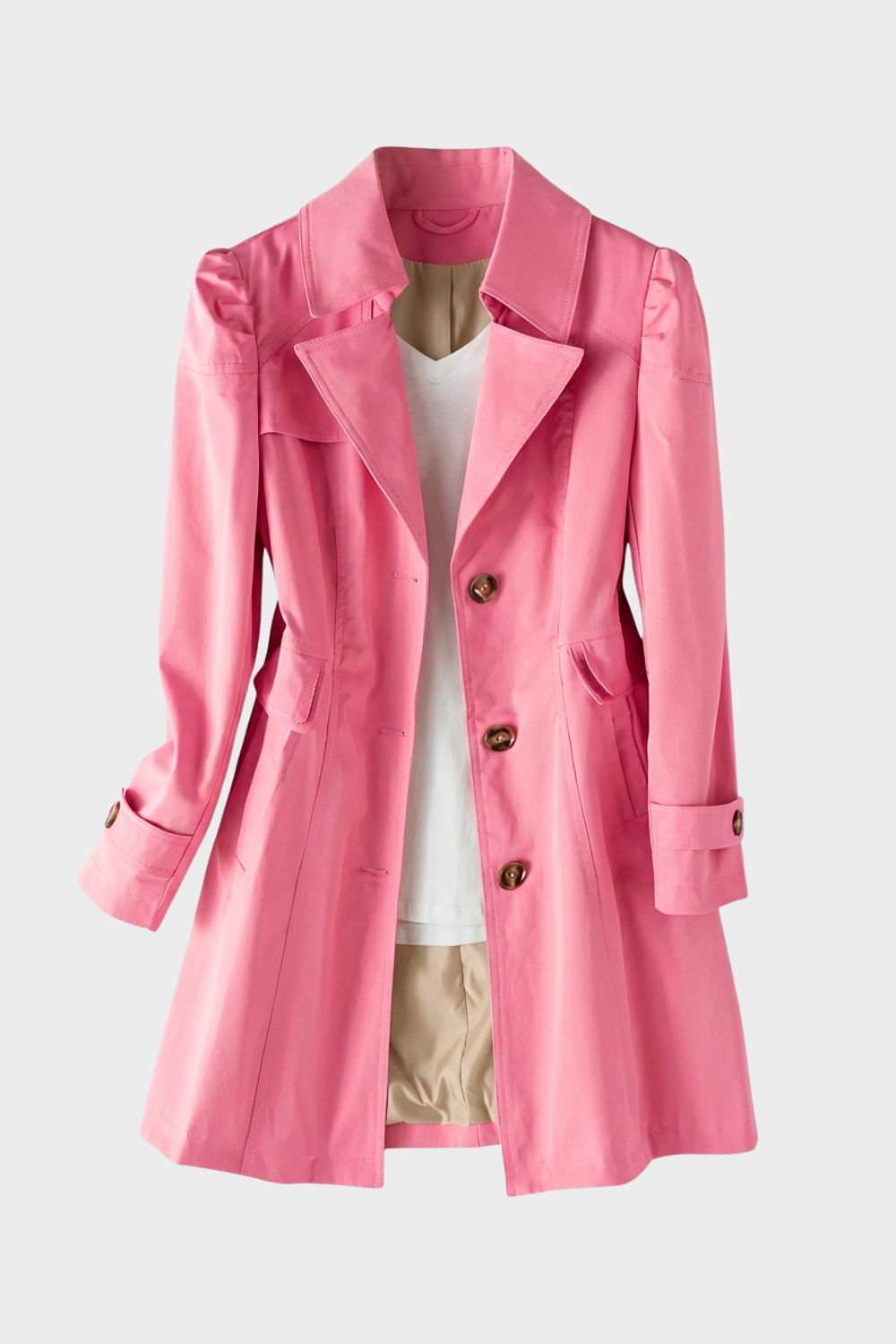 Women's Trench Coat with Notched Collar and Button Placket