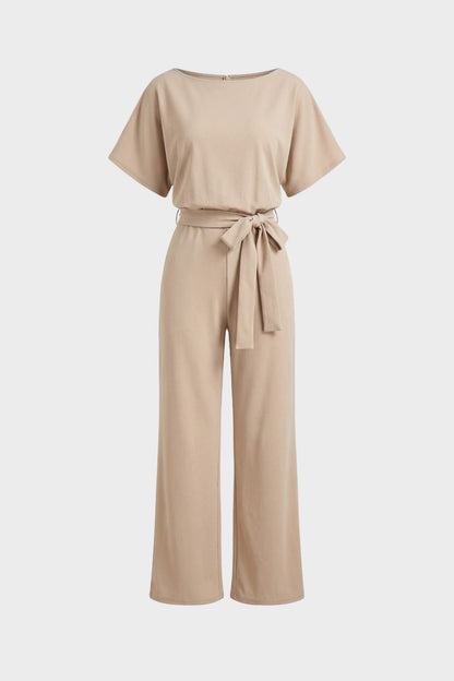 womens belted jumpsuit short sleeve wide leg casual one piece outfit | Camden-London