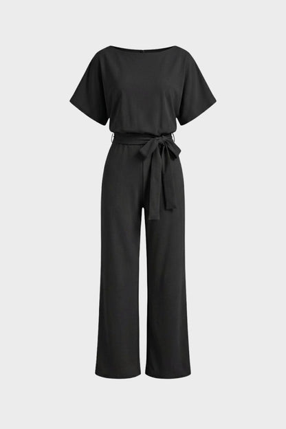 womens belted jumpsuit short sleeve wide leg casual one piece outfit | Camden-London