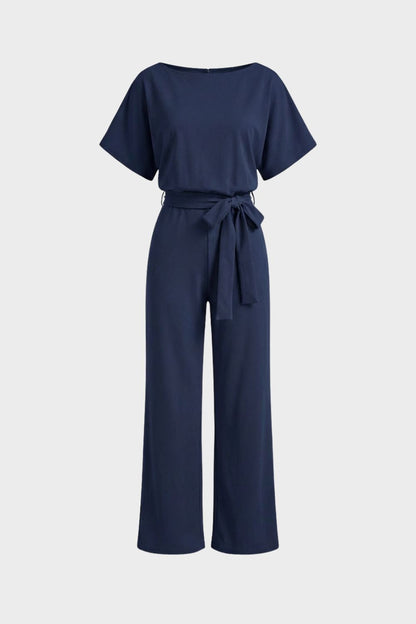 womens belted jumpsuit short sleeve wide leg casual one piece outfit | Camden-London