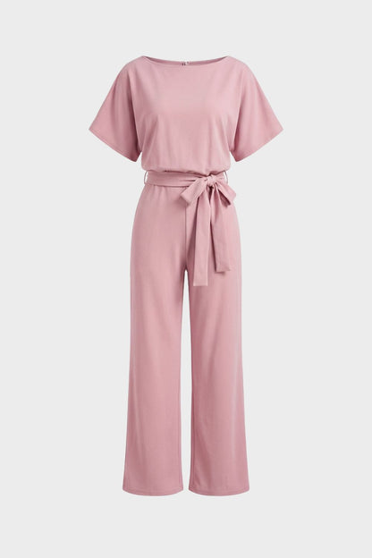 womens belted jumpsuit short sleeve wide leg casual one piece outfit | Camden-London