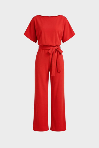womens belted jumpsuit short sleeve wide leg casual one piece outfit | Camden-London