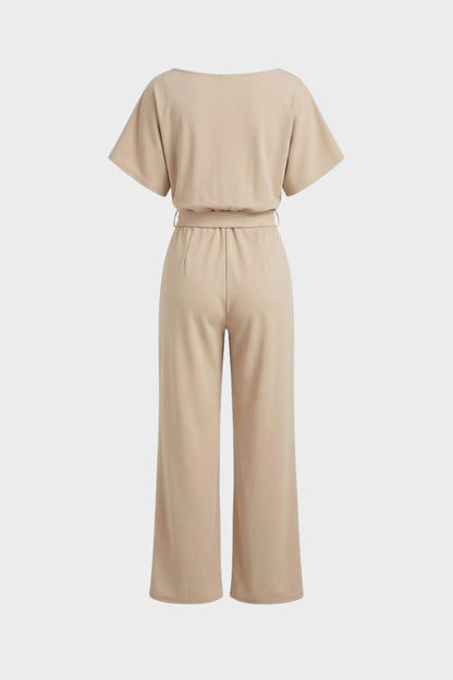 womens belted jumpsuit short sleeve wide leg casual one piece outfit | Camden-London