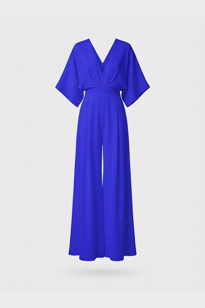 Women's Long Jumpsuit with V-Neck and Wide Leg