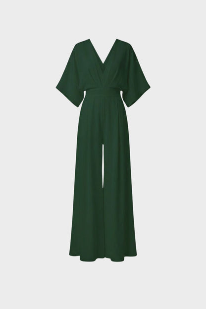 Women's Long Jumpsuit with V-Neck and Wide Leg