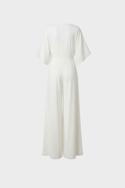 Women's Long Jumpsuit with V-Neck and Wide Leg