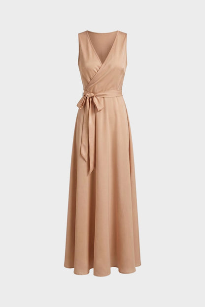 Maxi Dress for Women with V-Neck and Tie Belt