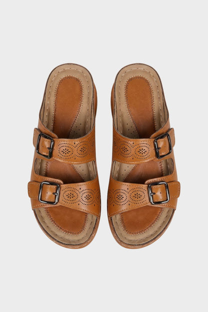 Women's Sandals Slippers with Double Buckle and Cut-Out Pattern