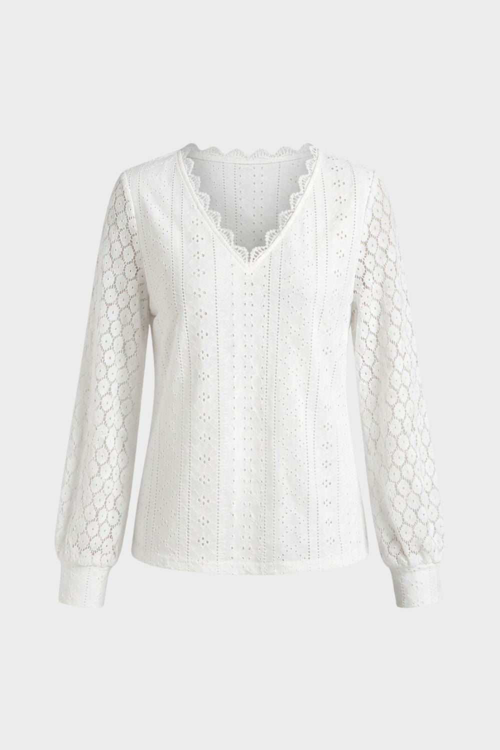 Women's Long Sleeve Blouse with V-Neck and Lace Pattern