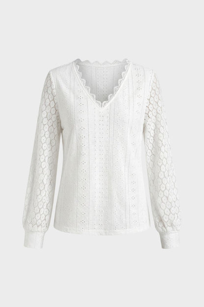 Women's Long Sleeve Blouse with V-Neck and Lace Pattern