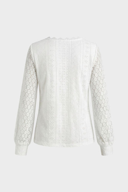 Women's Long Sleeve Blouse with V-Neck and Lace Pattern