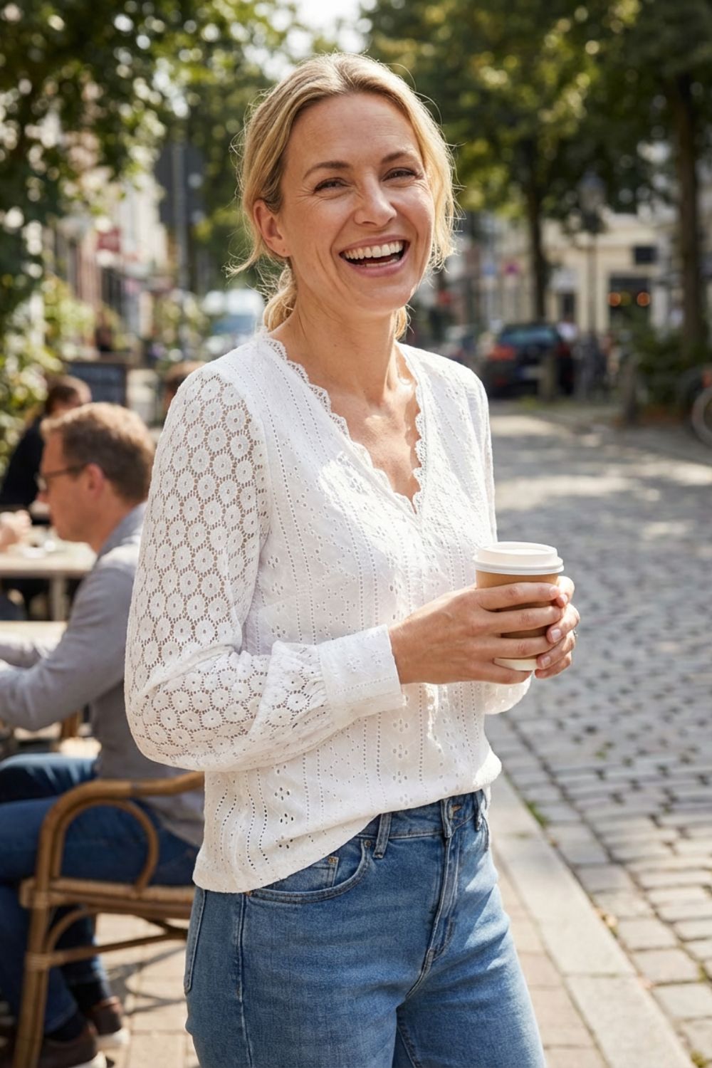 Women's Long Sleeve Blouse with V-Neck and Lace Pattern