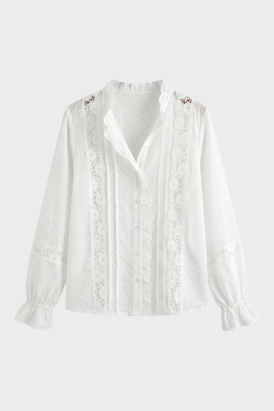 Women's Long Sleeve Blouse with Lace and Ruffles