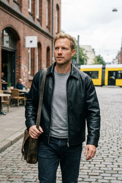 mens leather jacket zip front minimalist casual jacket – Camden London