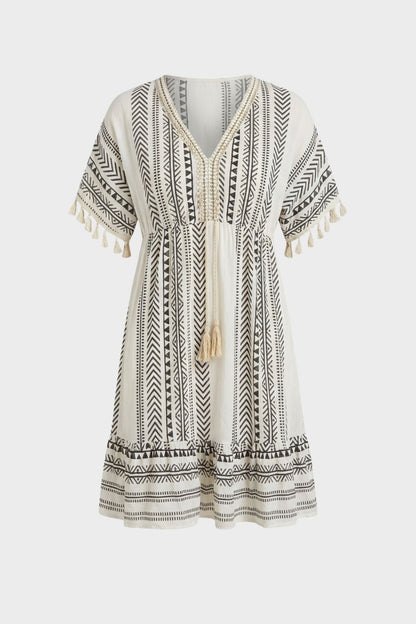 Summer Dress for Women V-Neck with Pattern and Tassels