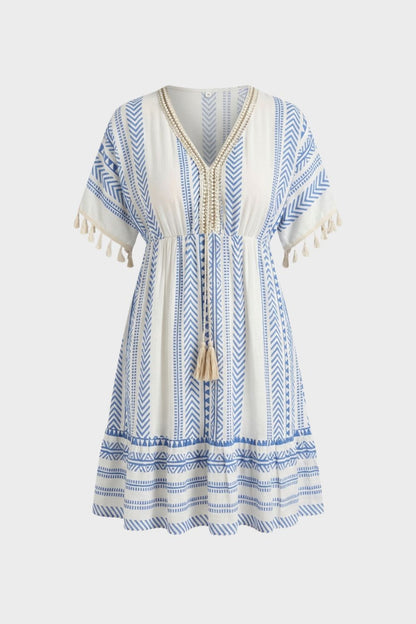 Summer Dress for Women V-Neck with Pattern and Tassels