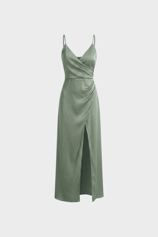 Women's Satin Maxi Dress with Wrap Effect and Slit