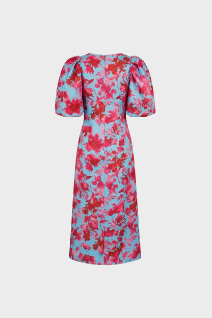 womens floral midi dress puff sleeve elegant fitted dress | Camden-London