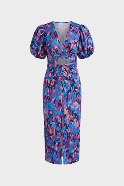 womens floral midi dress puff sleeve elegant fitted dress | Camden-London