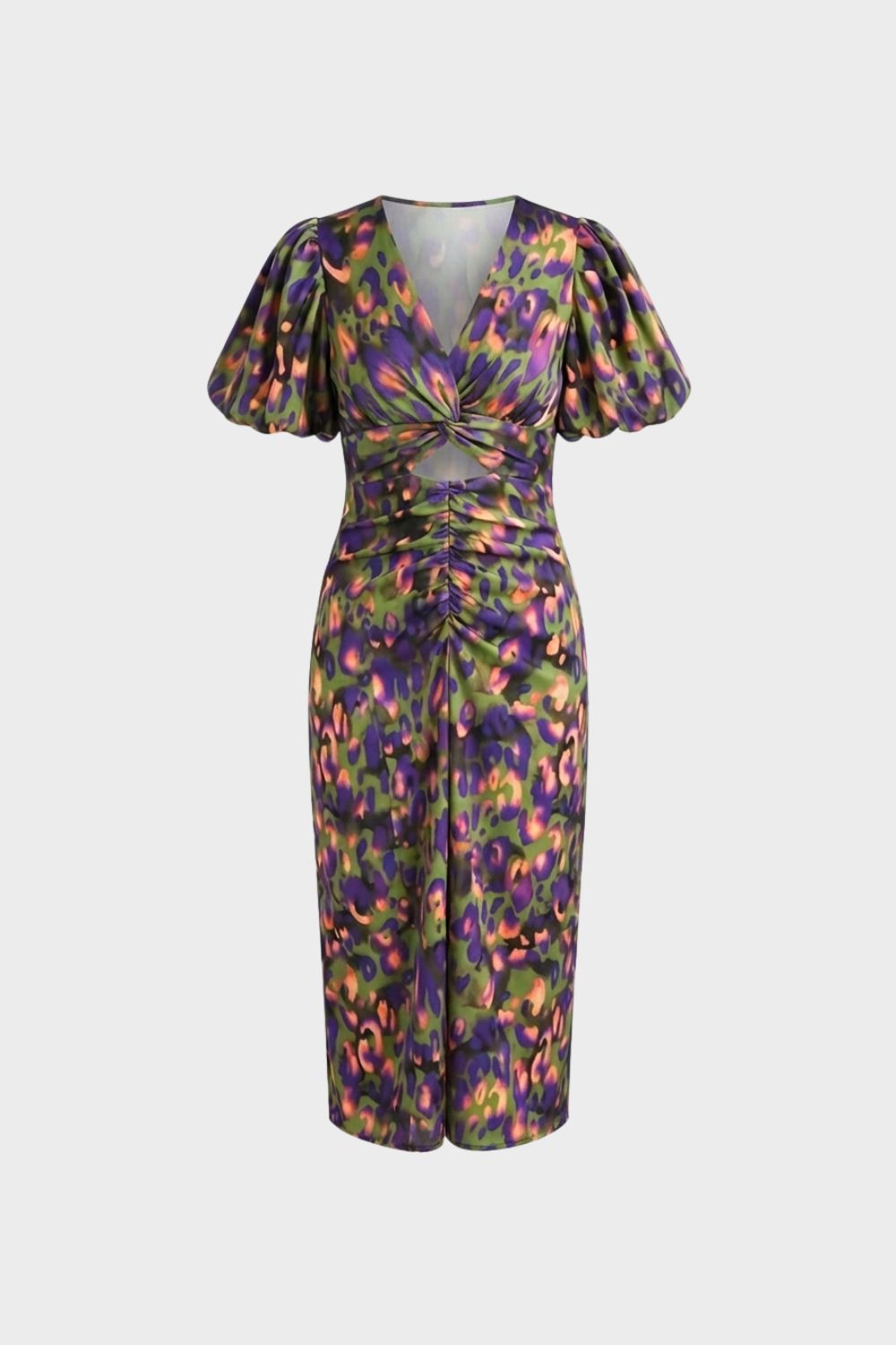 womens floral midi dress puff sleeve elegant fitted dress | Camden-London