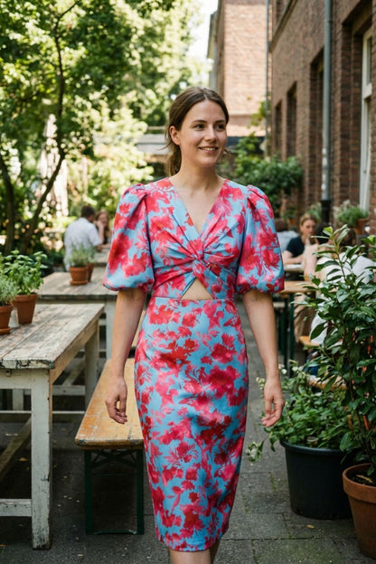 womens floral midi dress puff sleeve elegant fitted dress | Camden-London