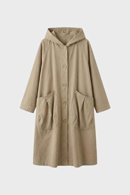 Women's Coat with Hood and Button Placket, Long Style