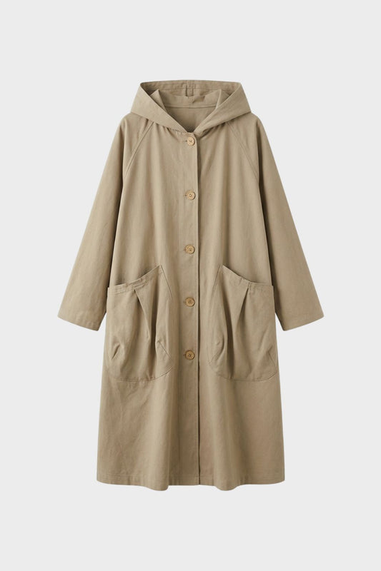 Women's Coat with Hood and Button Placket, Long Style