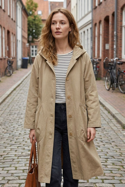 Women's Coat with Hood and Button Placket, Long Style