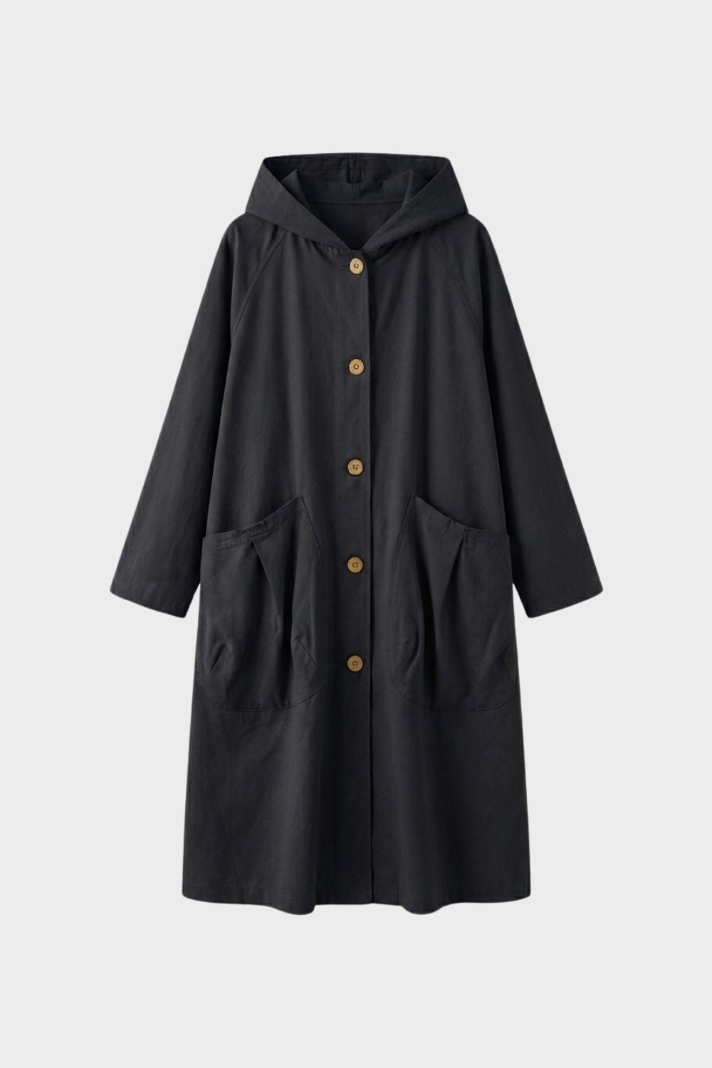 Women's Coat with Hood and Button Placket, Long Style