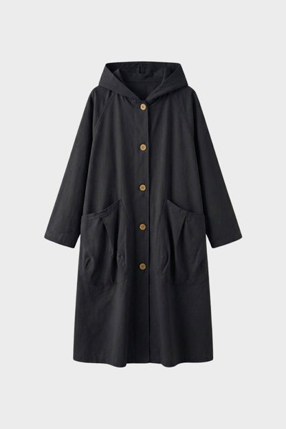 Women's Coat with Hood and Button Placket, Long Style