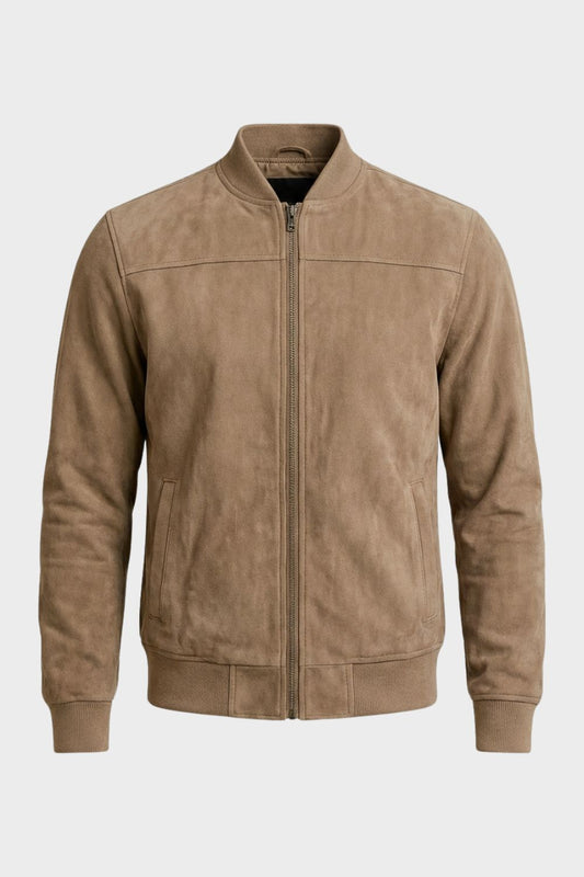 Men's Leather Jacket with Zip and Stand-Up Collar