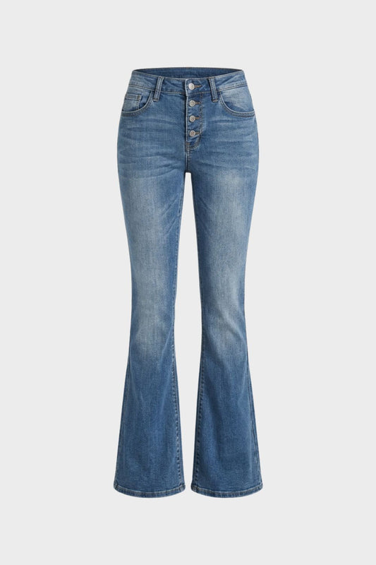 Women's Flared Jeans with Button Fly and High Waist