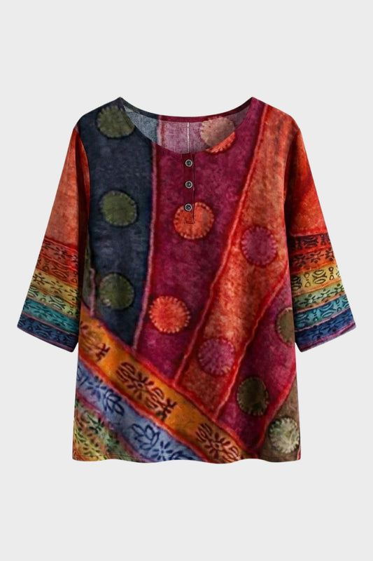 Women's 3/4 Sleeve Blouse with Round Neck - Colourful Pattern