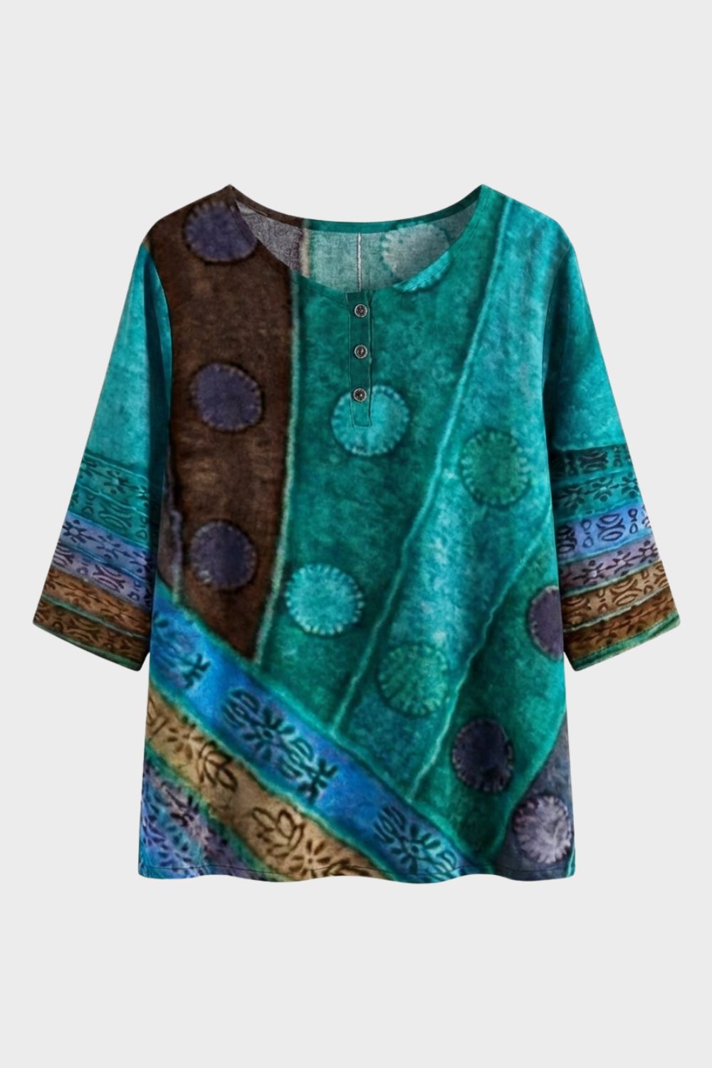 Women's 3/4 Sleeve Blouse with Round Neck - Colourful Pattern