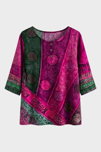 Women's 3/4 Sleeve Blouse with Round Neck - Colourful Pattern