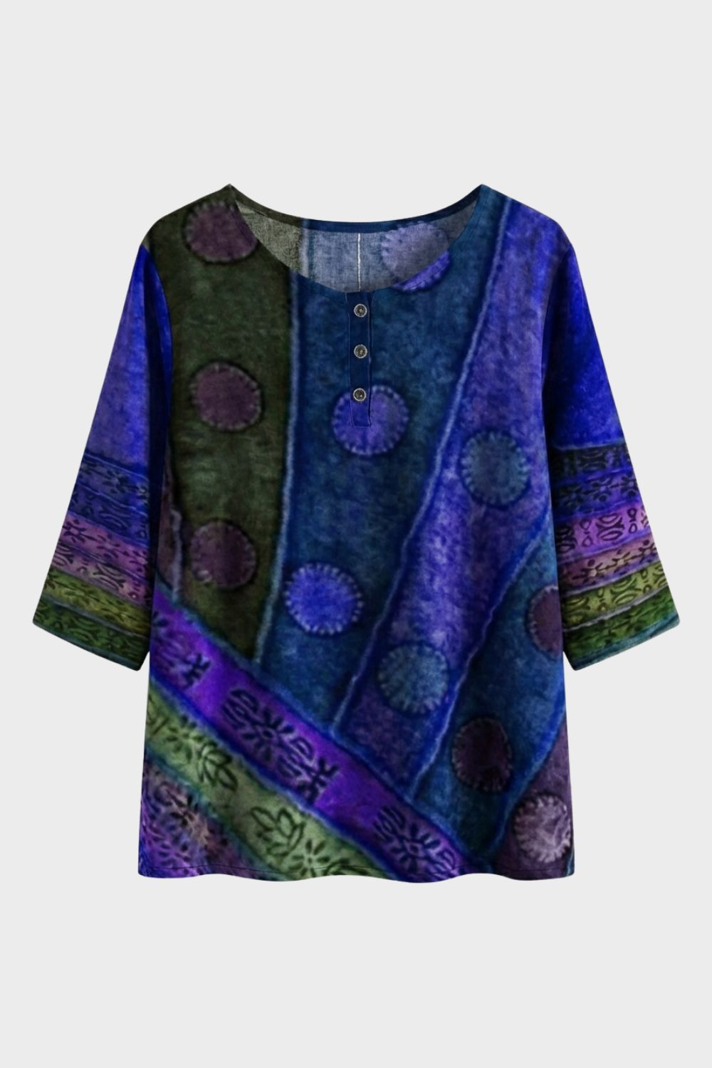 Women's 3/4 Sleeve Blouse with Round Neck - Colourful Pattern