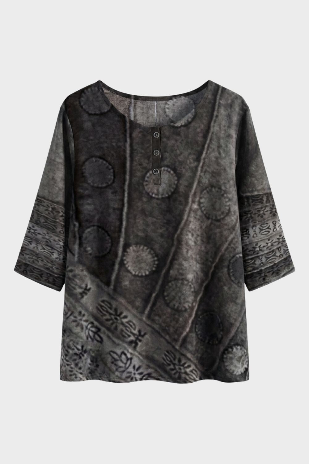 Women's 3/4 Sleeve Blouse with Round Neck - Colourful Pattern