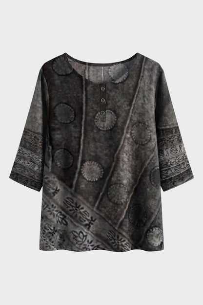 Women's 3/4 Sleeve Blouse with Round Neck - Colourful Pattern