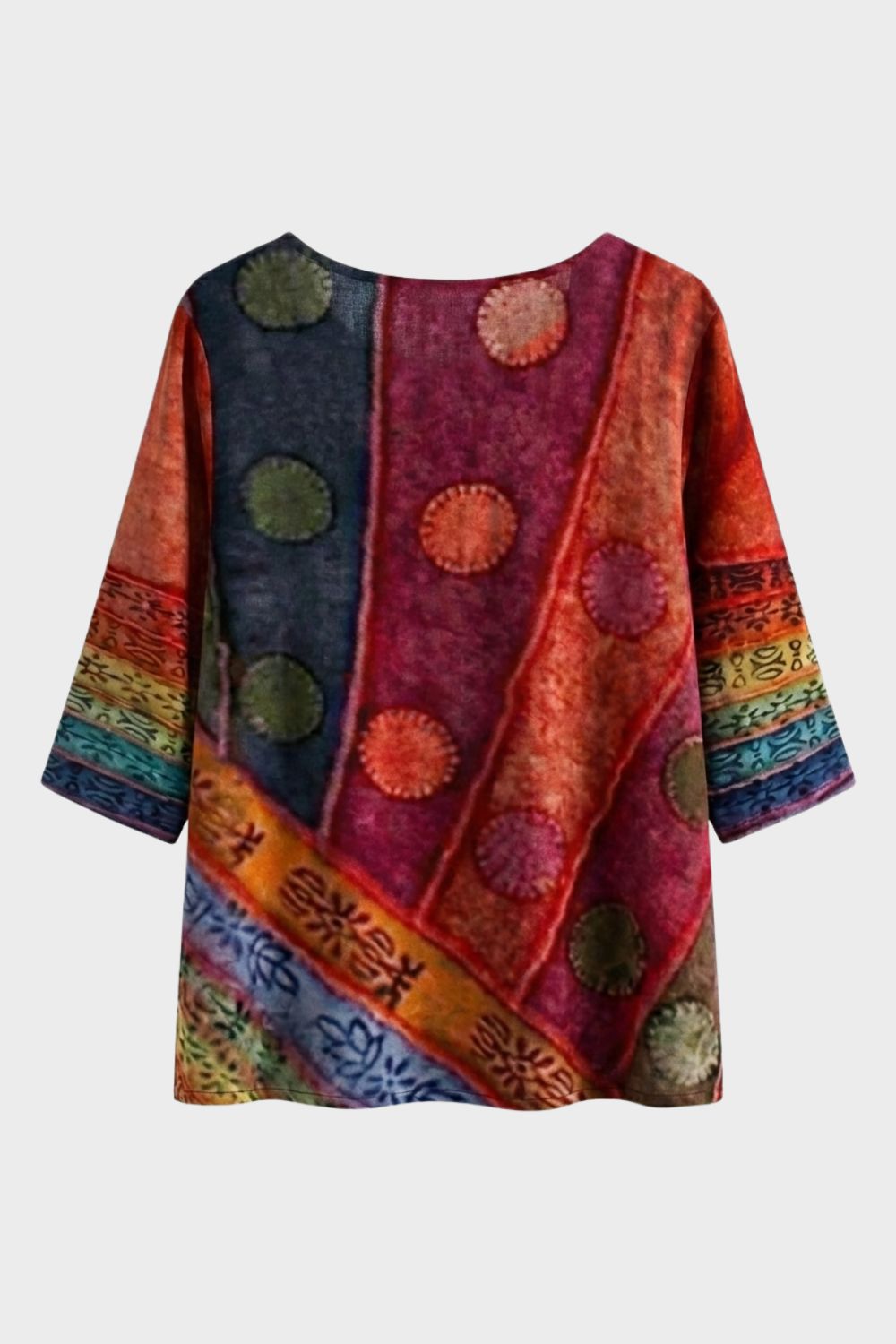 Women's 3/4 Sleeve Blouse with Round Neck - Colourful Pattern