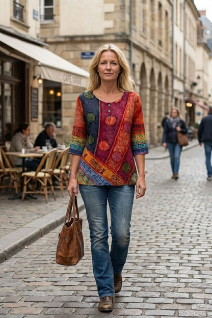 Women's 3/4 Sleeve Blouse with Round Neck - Colourful Pattern