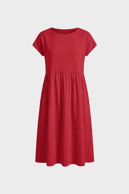 Midi Dress for Women Short Sleeve with Round Neck