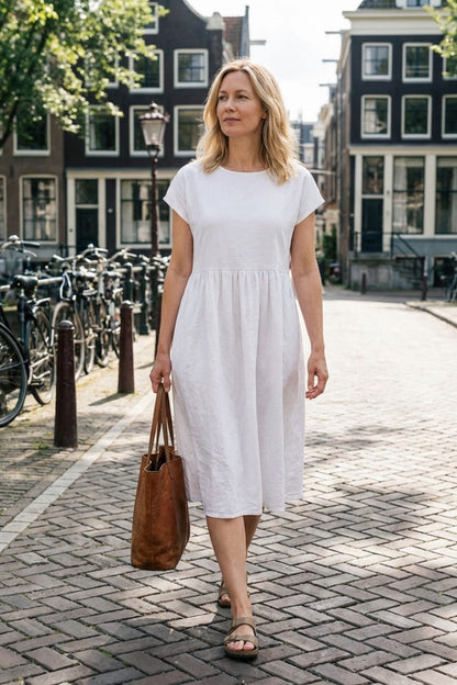Midi Dress for Women Short Sleeve with Round Neck