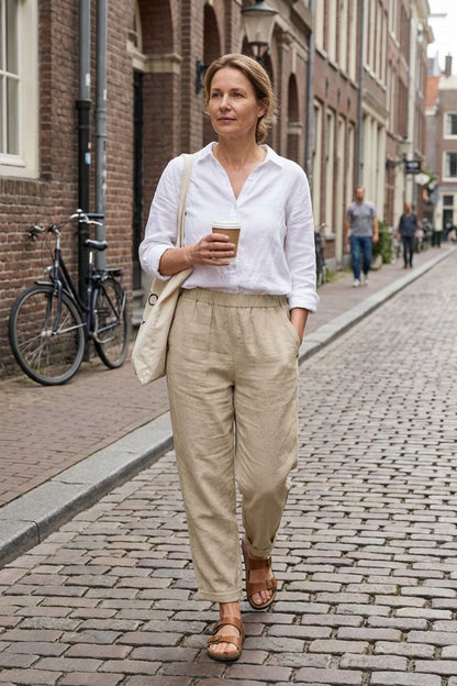 Women's Trousers with Elastic Waistband and Straight Leg