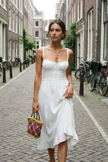 Summer Dress for Women Midi Dress with Straps and Gathering